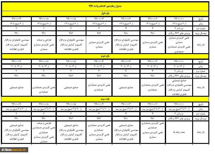 جدول زمانبندی انتخاب واحد