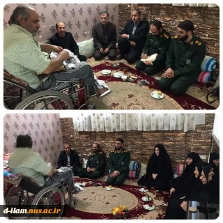 عیادت کارکنان دانشگاه ملی مهارت استان از جانباز ۷۰ درصد علی عیسی زاده اولیا دانشجوی آموزشکده ملی مهارت دختران ایلام بمناسبت ایام الله دهه فجر و اعیاد شعبانیه و روز جانباز در روز سه شنبه مورخ ۱۴۰۳/۱۱/۱۶